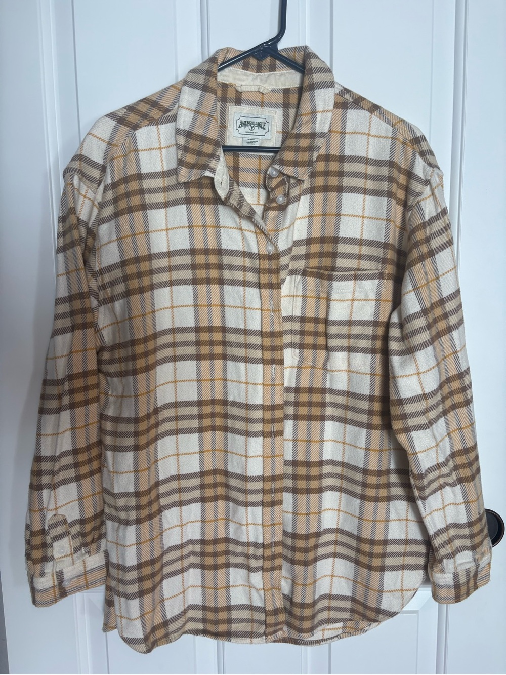 American Eagle Women’s Cream and Brown Plaid Button-Down Flannel Shirt